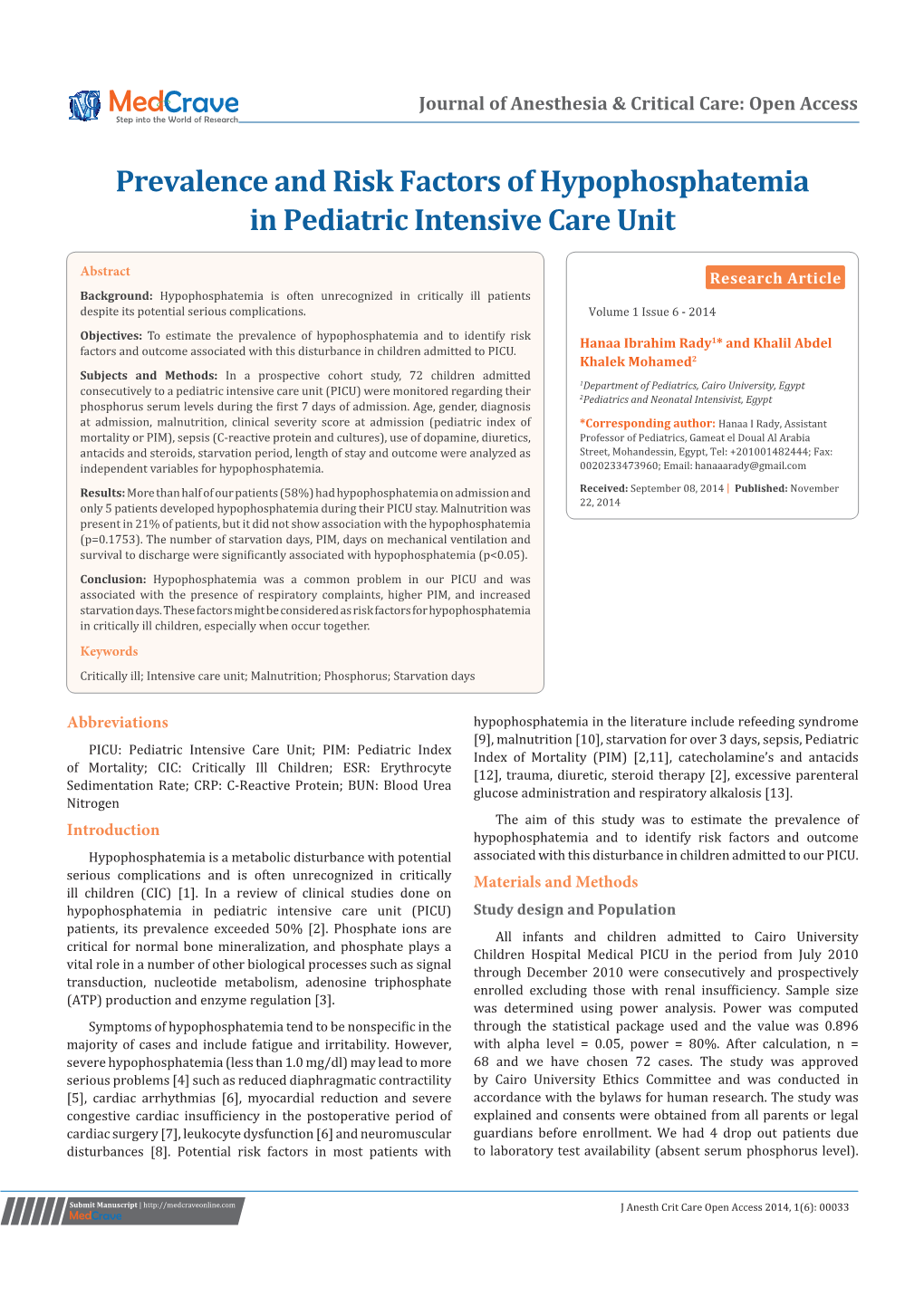 Prevalence and Risk Factors of Hypophosphatemia in Pediatric Intensive Care Unit