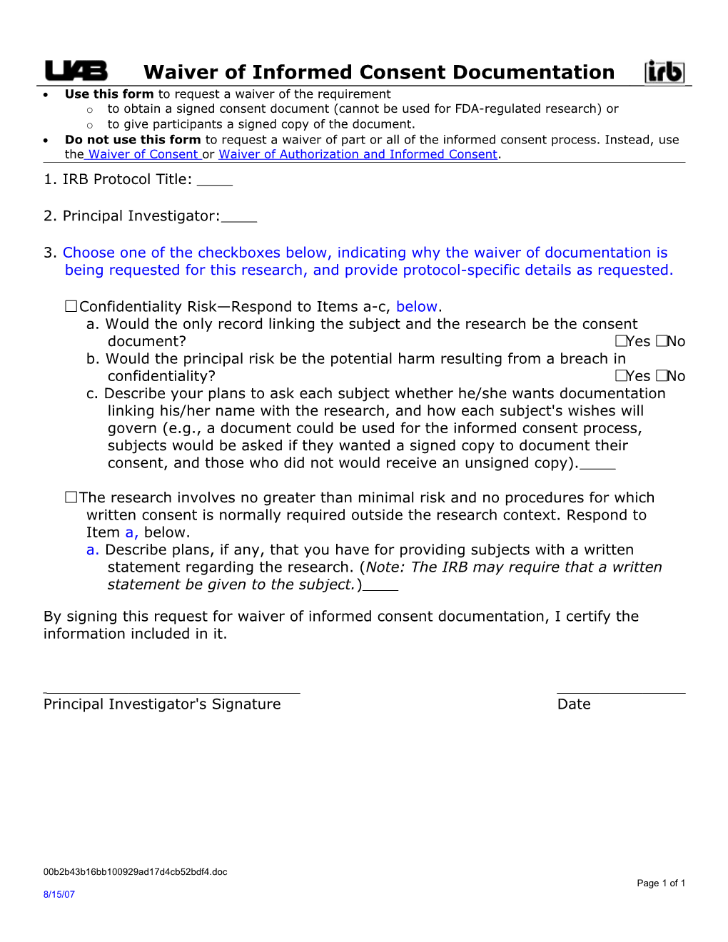 Waiver of Informed Consent Documentation (FOR235)