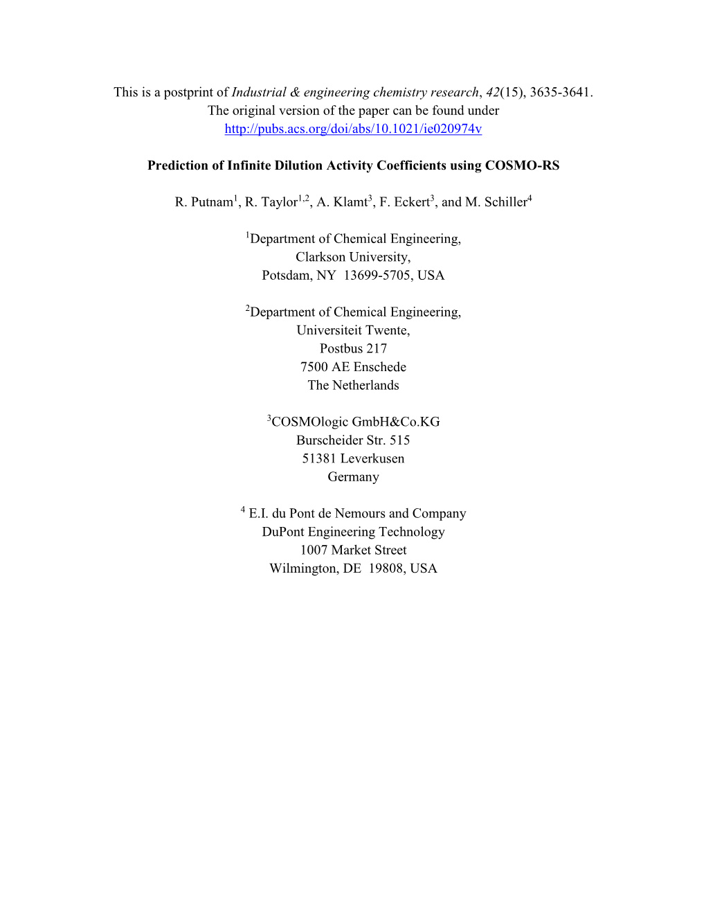 Introduction of Cosmotherm and Its Ability to Predict Infinite Dilution