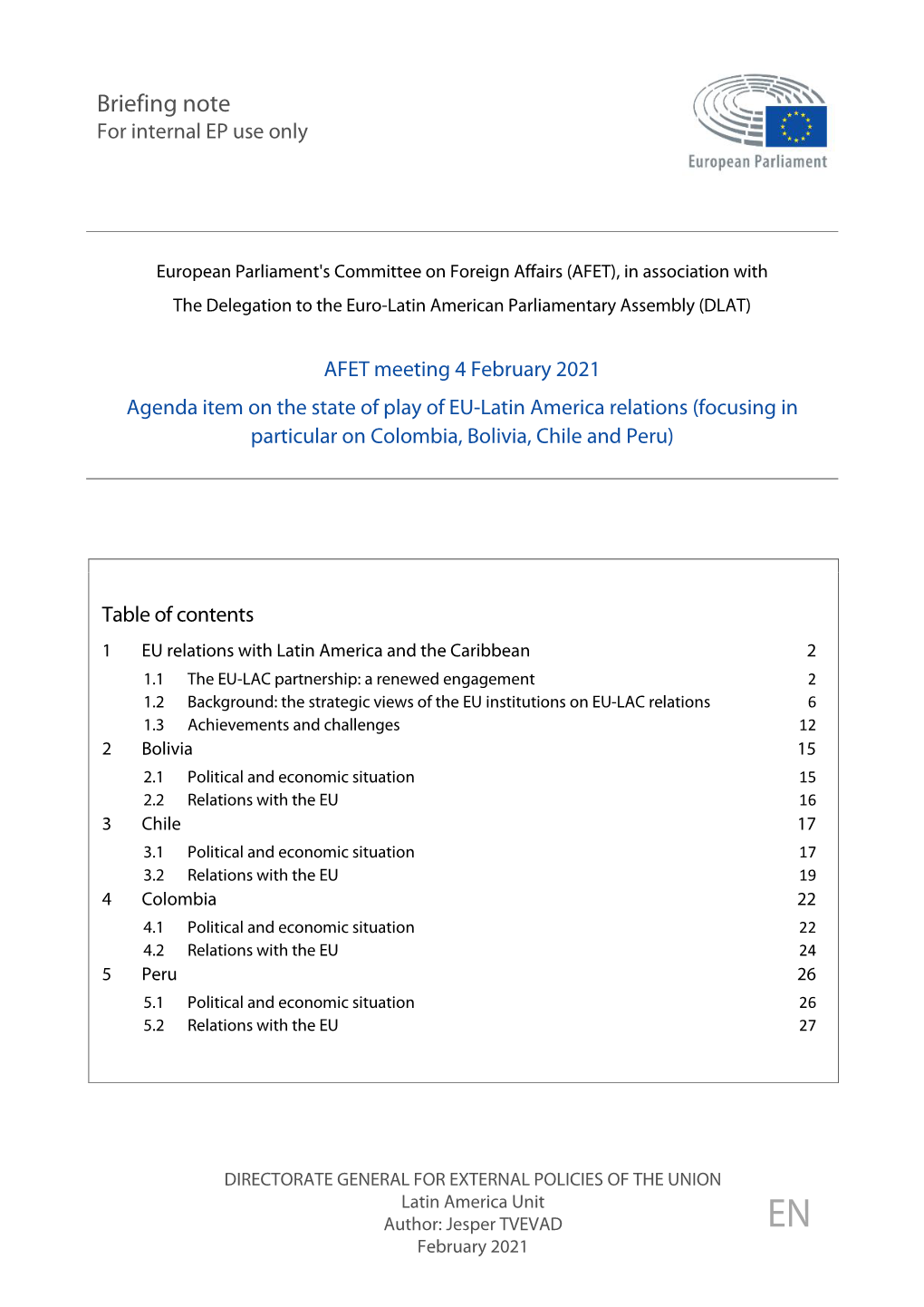 Briefing Note for Internal EP Use Only