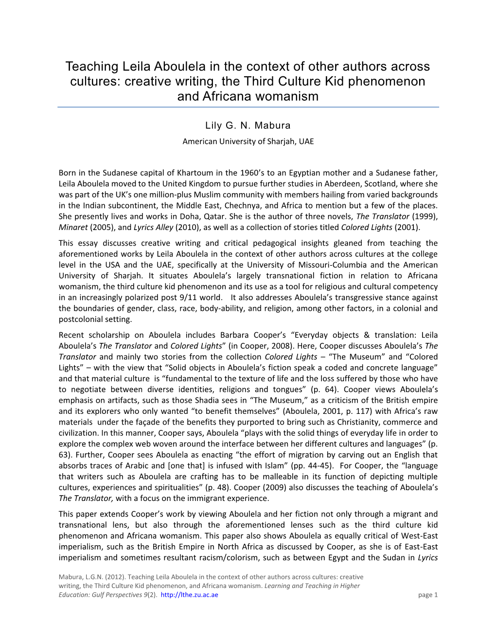 Teaching Leila Aboulela in the Context of Other Authors Across Cultures: Creative Writing, the Third Culture Kid Phenomenon and Africana Womanism