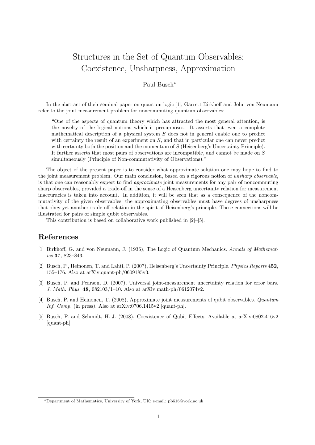 Structures in the Set of Quantum Observables: Coexistence, Unsharpness, Approximation