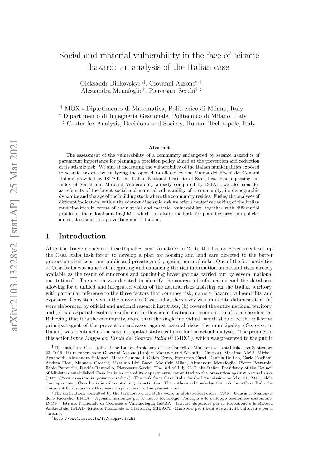 Social and Material Vulnerability in the Face of Seismic Hazard: an Analysis of the Italian Case