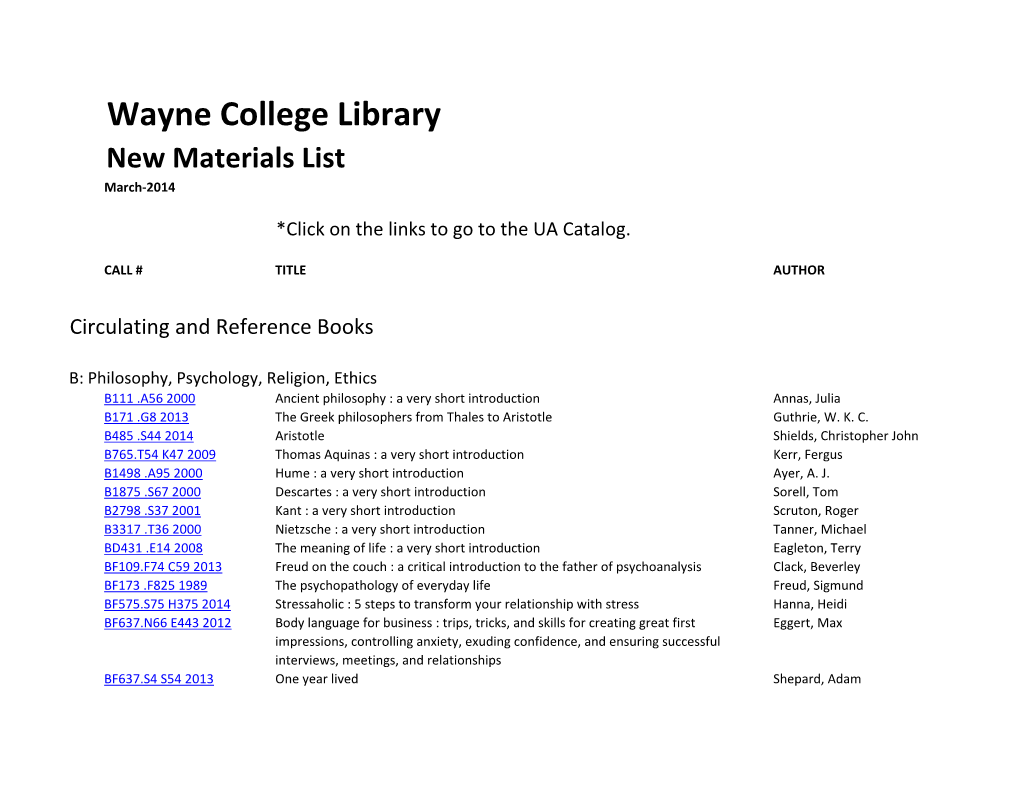 Wayne College Library New Materials List March-2014