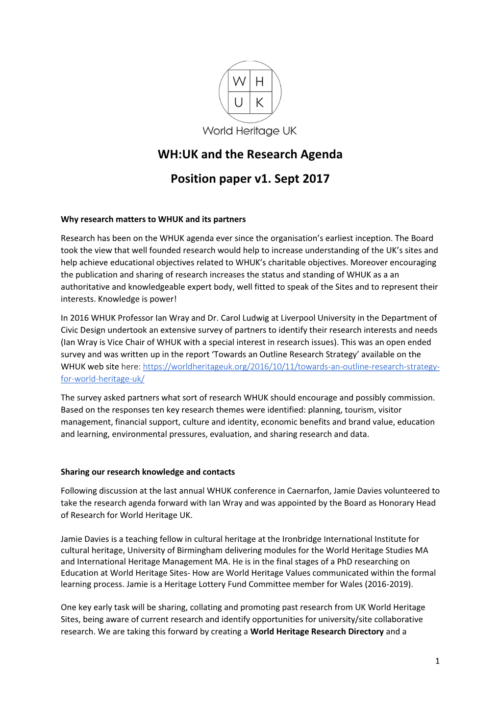 WH:UK and the Research Agenda Position Paper V1. Sept 2017
