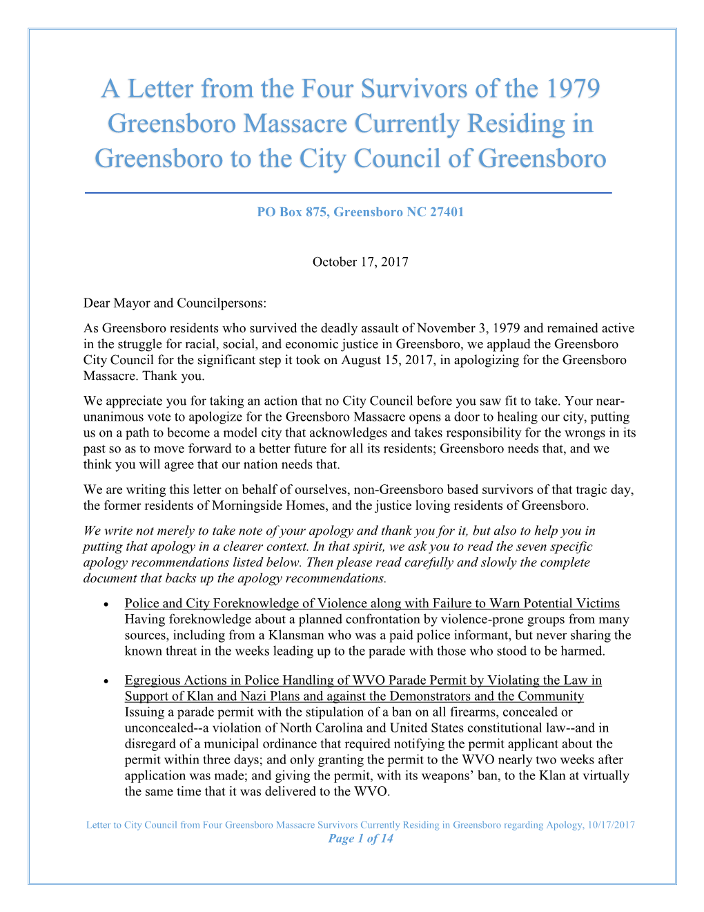 A Letter from the Four Survivors of the 1979 Greensboro Massacre Currently Residing in Greensboro to the City Council of Greensboro