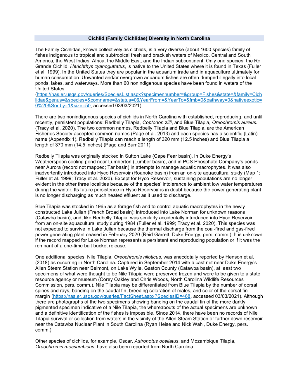 Cichlid (Family Cichlidae) Diversity in North Carolina