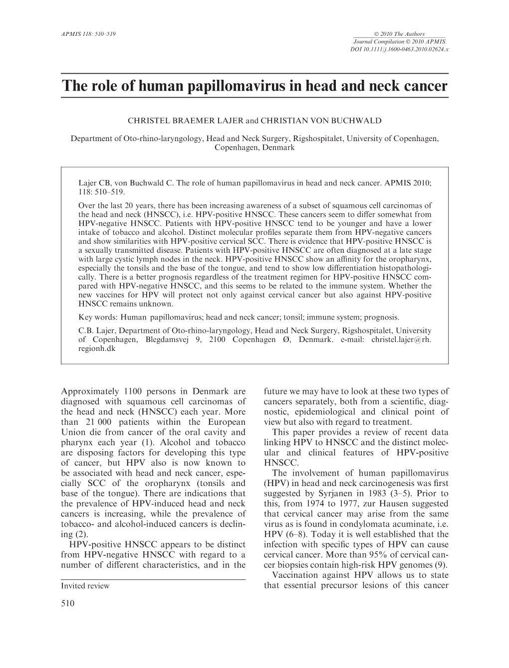 The Role of Human Papillomavirus in Head and Neck Cancer