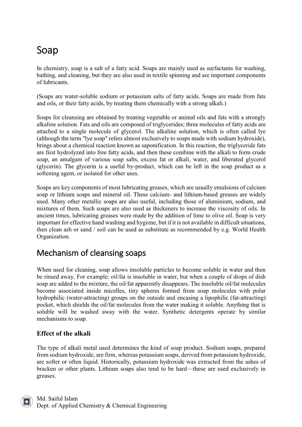 Mechanism of Cleansing Soaps