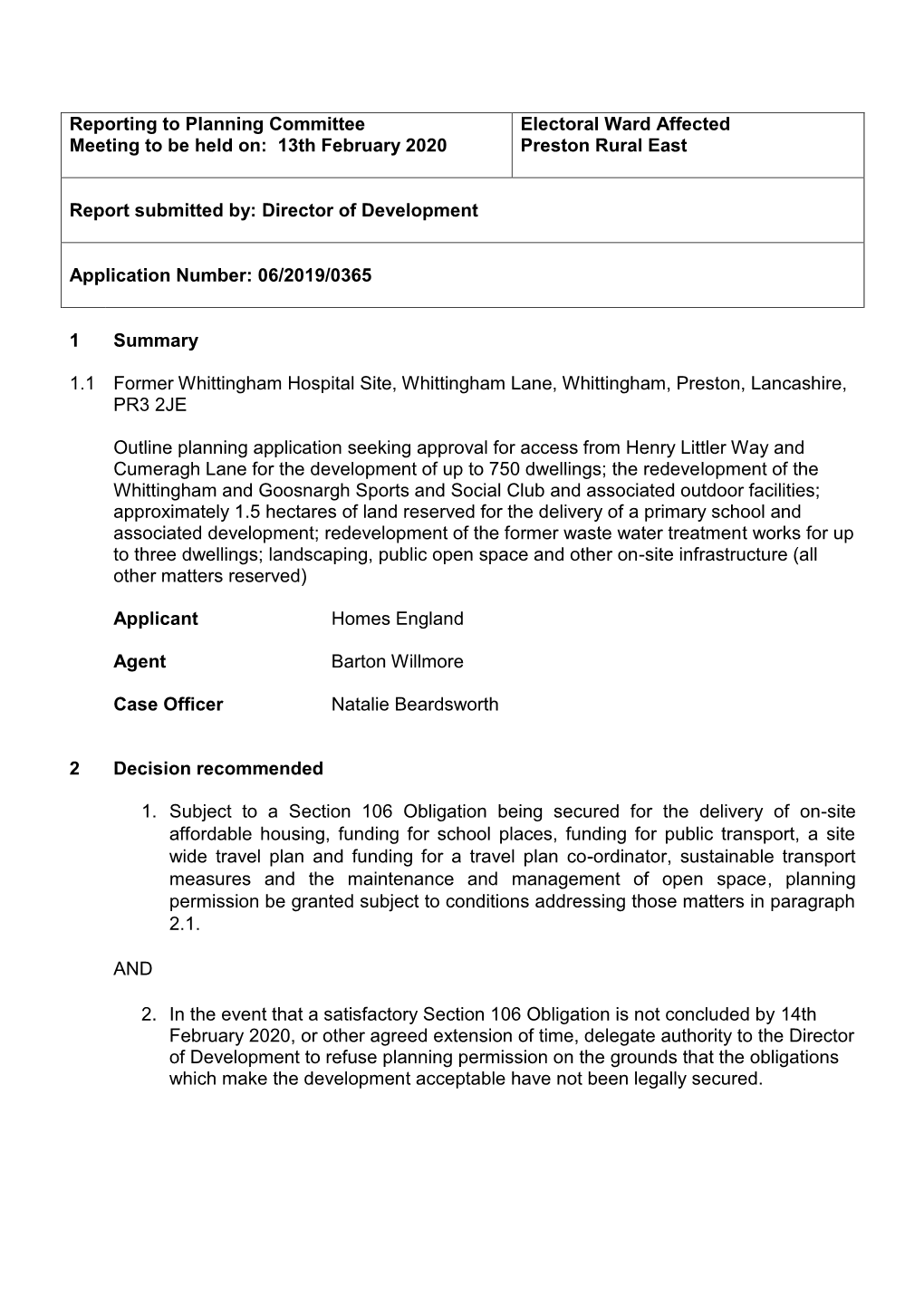 Reporting to Planning Committee Electoral Ward Affected Meeting to Be Held On: 13Th February 2020 Preston Rural East