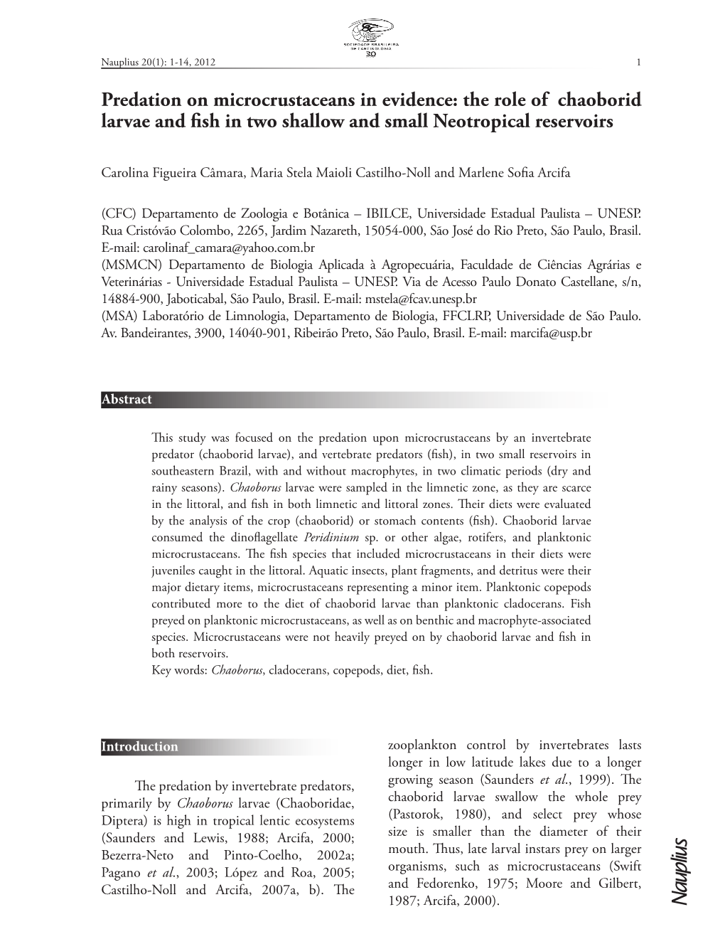 Predation on Microcrustaceans in Evidence: the Role of Chaoborid Larvae and Fish in Two Shallow and Small Neotropical Reservoirs