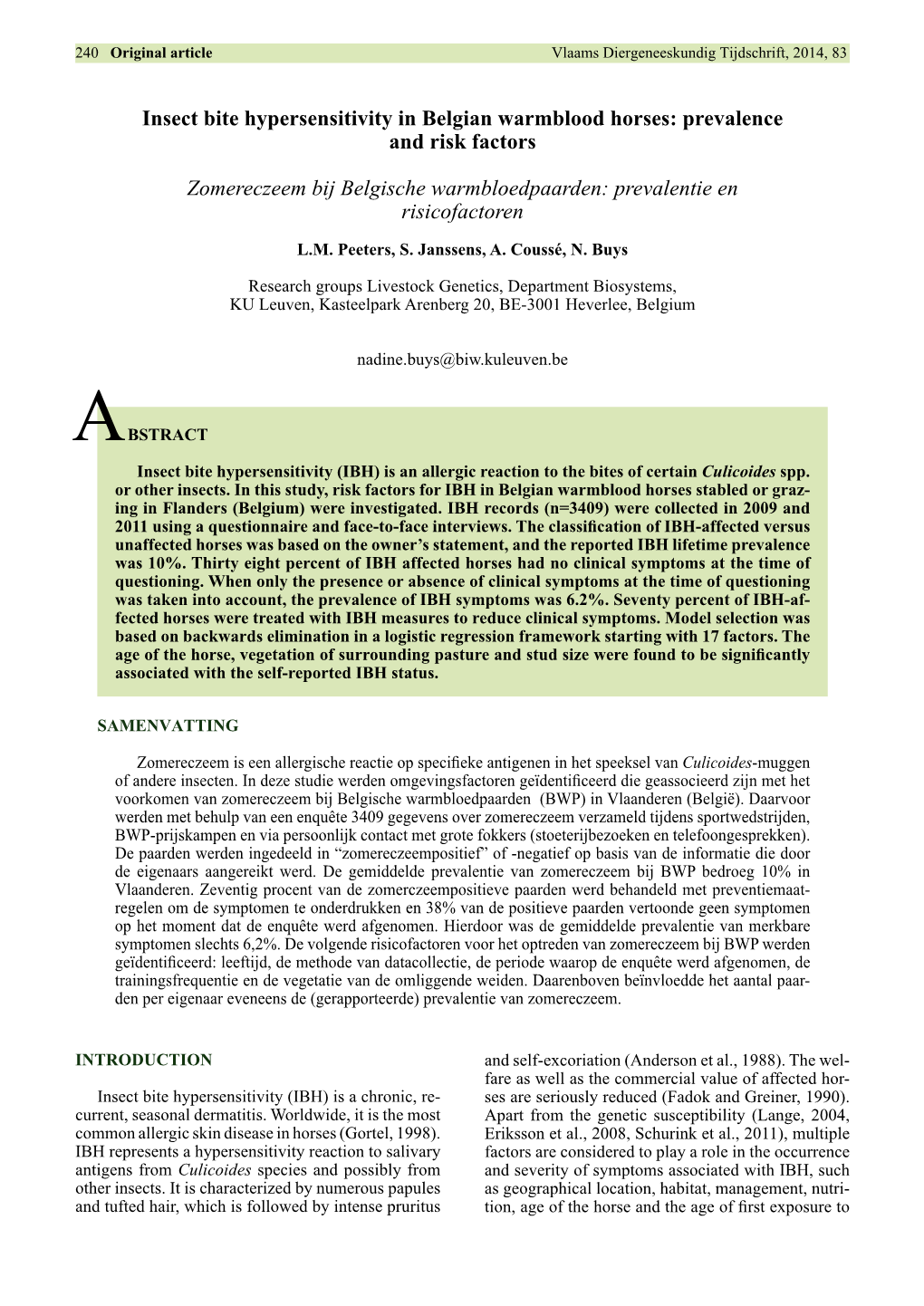 Insect Bite Hypersensitivity in Belgian Warmblood Horses: Prevalence and Risk Factors