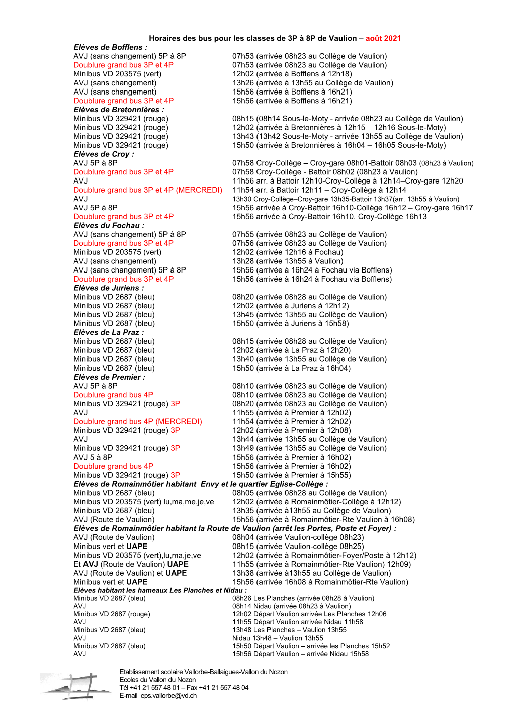 Horaires Des Bus Pour Les Classes De 3P À 8P De Vaulion – Août