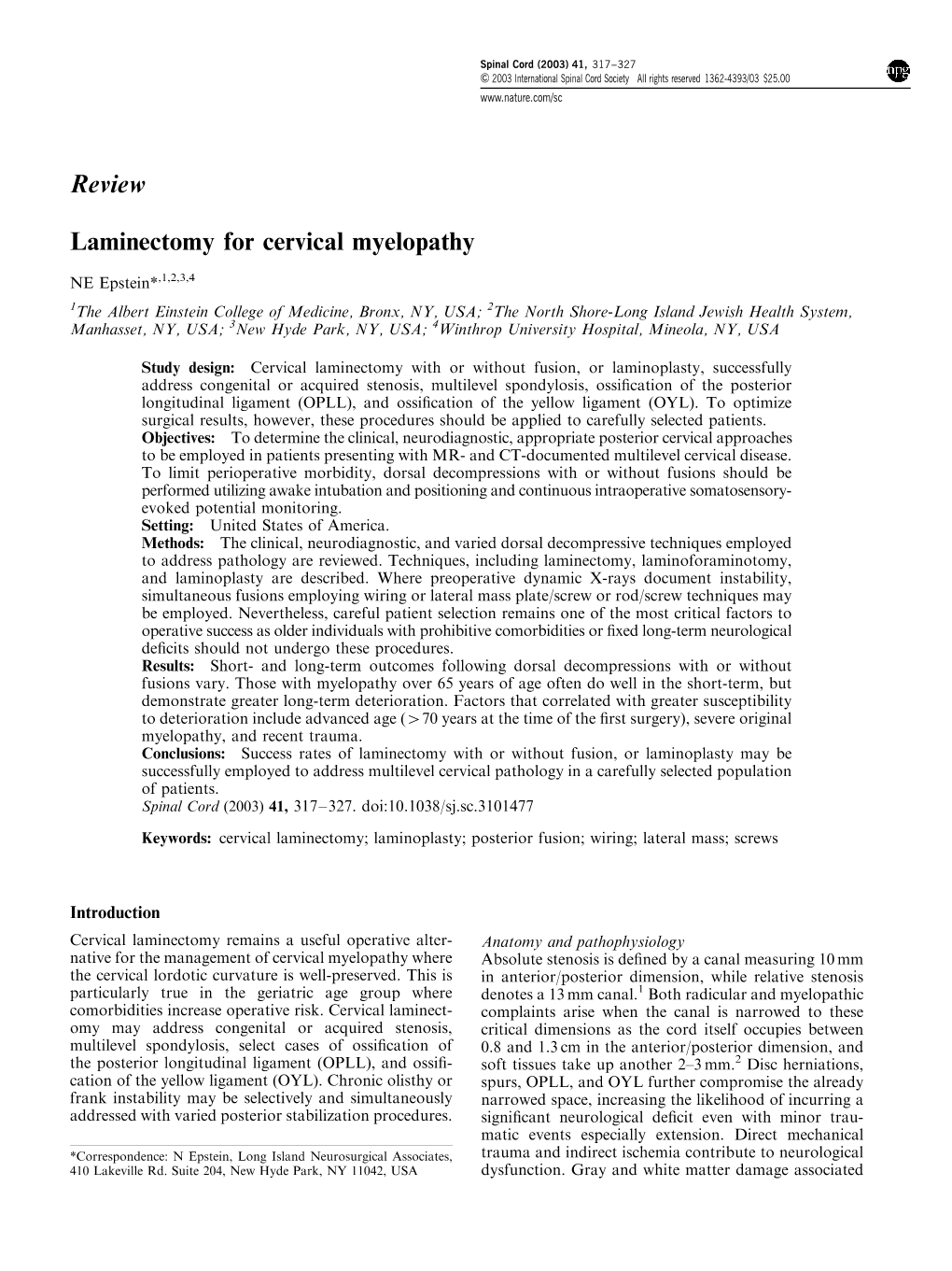 Review Laminectomy for Cervical Myelopathy