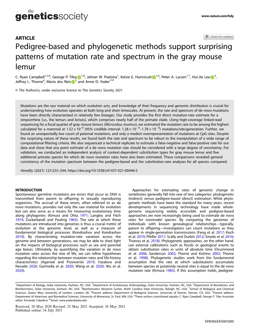 Pedigree-Based and Phylogenetic Methods Support Surprising Patterns of Mutation Rate and Spectrum in the Gray Mouse Lemur