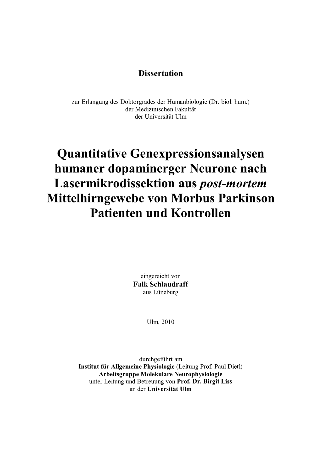 Quantitative Genexpressionsanalysen Humaner Dopaminerger Neurone