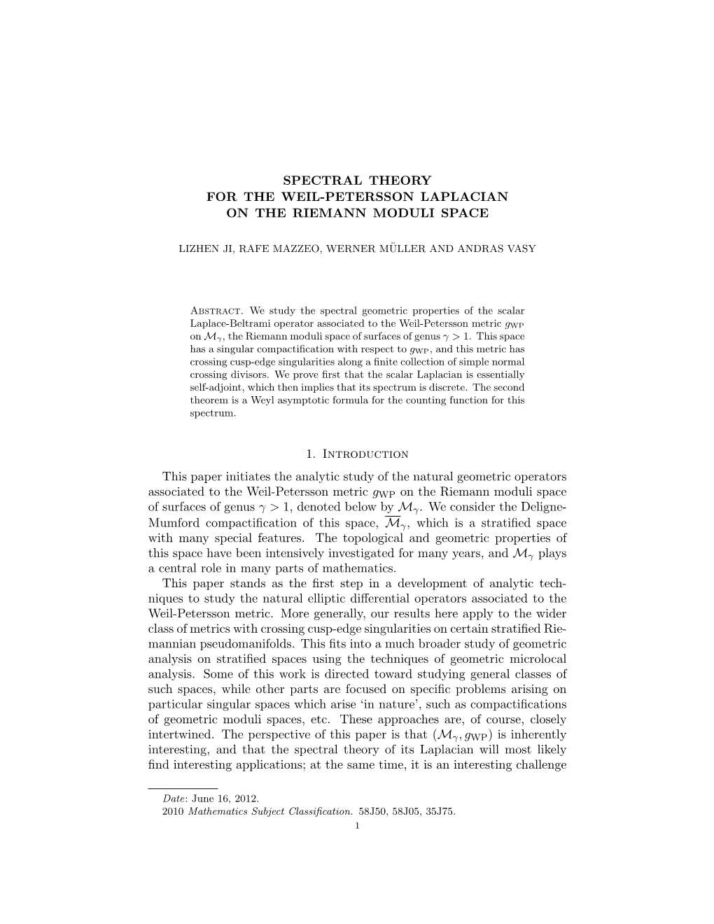 Spectral Theory for the Weil-Petersson Laplacian on the Riemann Moduli Space