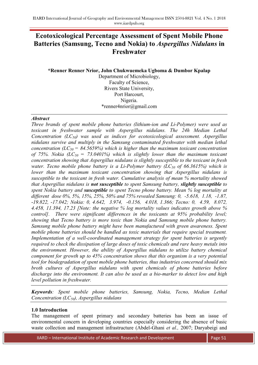 (Samsung, Tecno and Nokia) to Aspergillus Nidulans in Freshwater