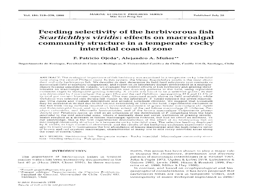 Feeding Selectivity of the Herbivorous Fish Scartichthys Viridis:Effects on Macroalgal Community Structure in a Temperatea Rocky Intertidal Coastal Zone