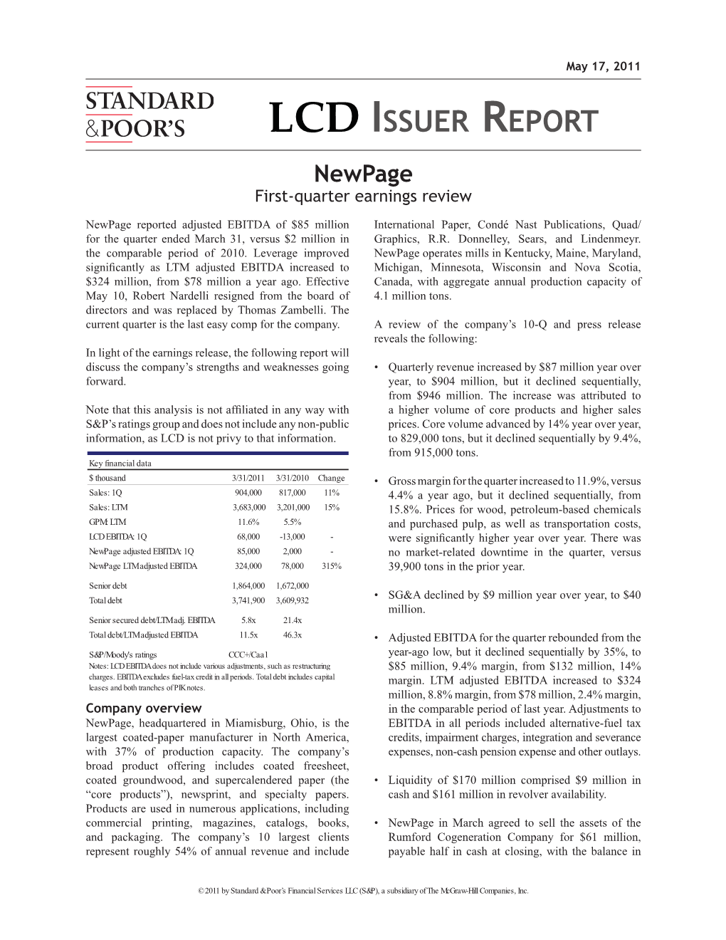 LCD ISSUER REPORT Newpage First-Quarter Earnings Review