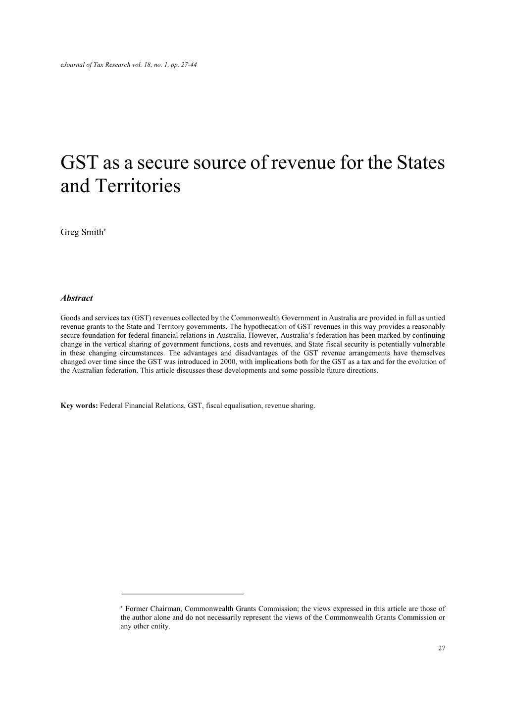 GST As a Secure Source of Revenue for the States and Territories