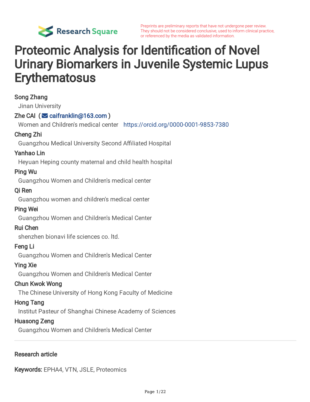 Proteomic Analysis for Identi Cation of Novel Urinary Biomarkers in Juvenile Systemic Lupus Erythematosus