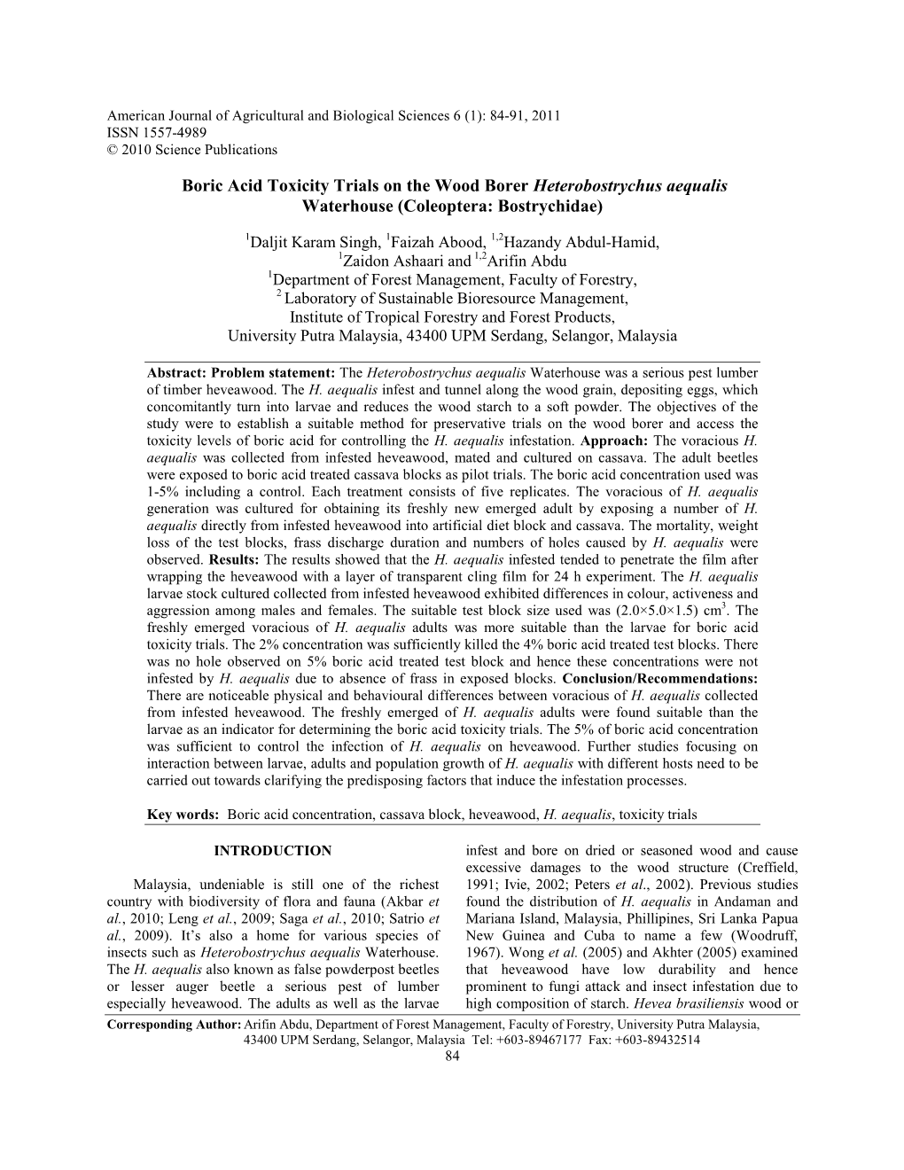 Boric Acid Toxicity Trials on the Wood Borer Heterobostrychus Aequalis Waterhouse (Coleoptera: Bostrychidae)