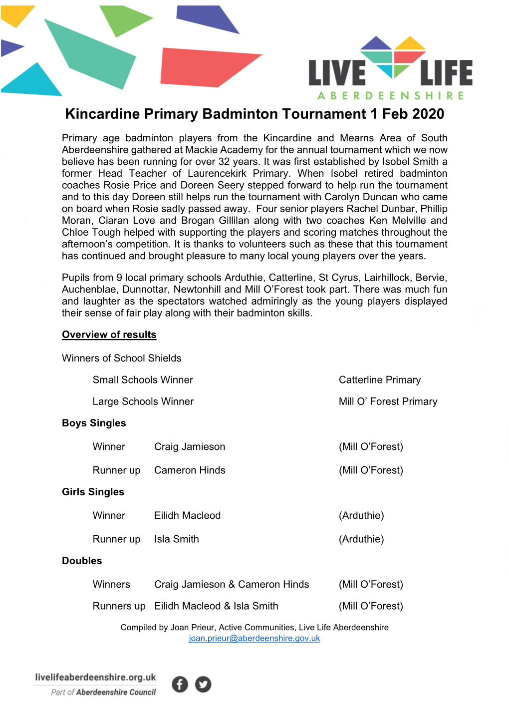 Kincardine Primary Badminton Tournament 1 Feb 2020