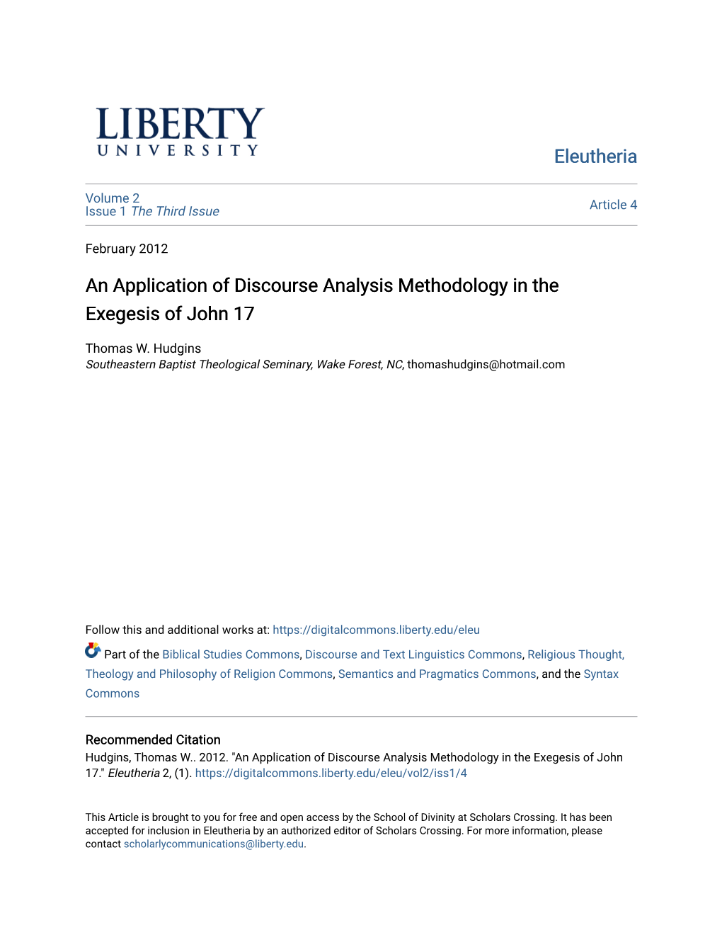 An Application of Discourse Analysis Methodology in the Exegesis of John 17