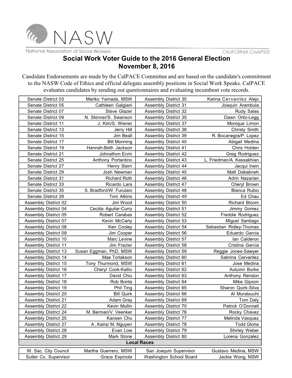 Social Work Voter Guide to the 2016 General Election November 8, 2016