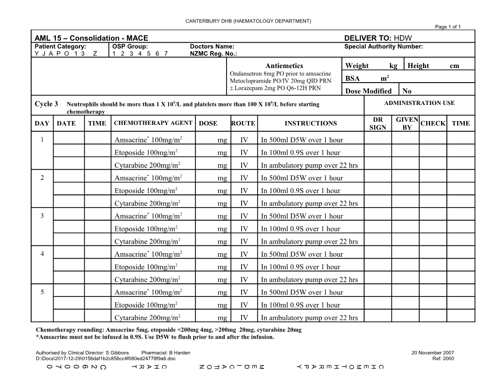 Chemo Charts: AML Consolidation MACE