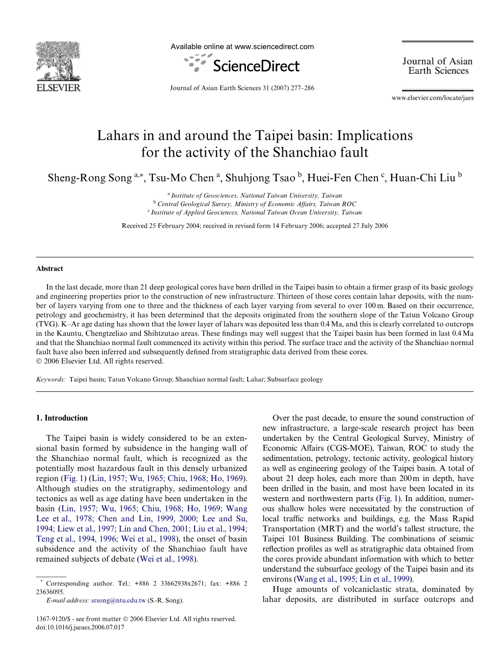 Lahars in and Around the Taipei Basin: Implications for the Activity of the Shanchiao Fault