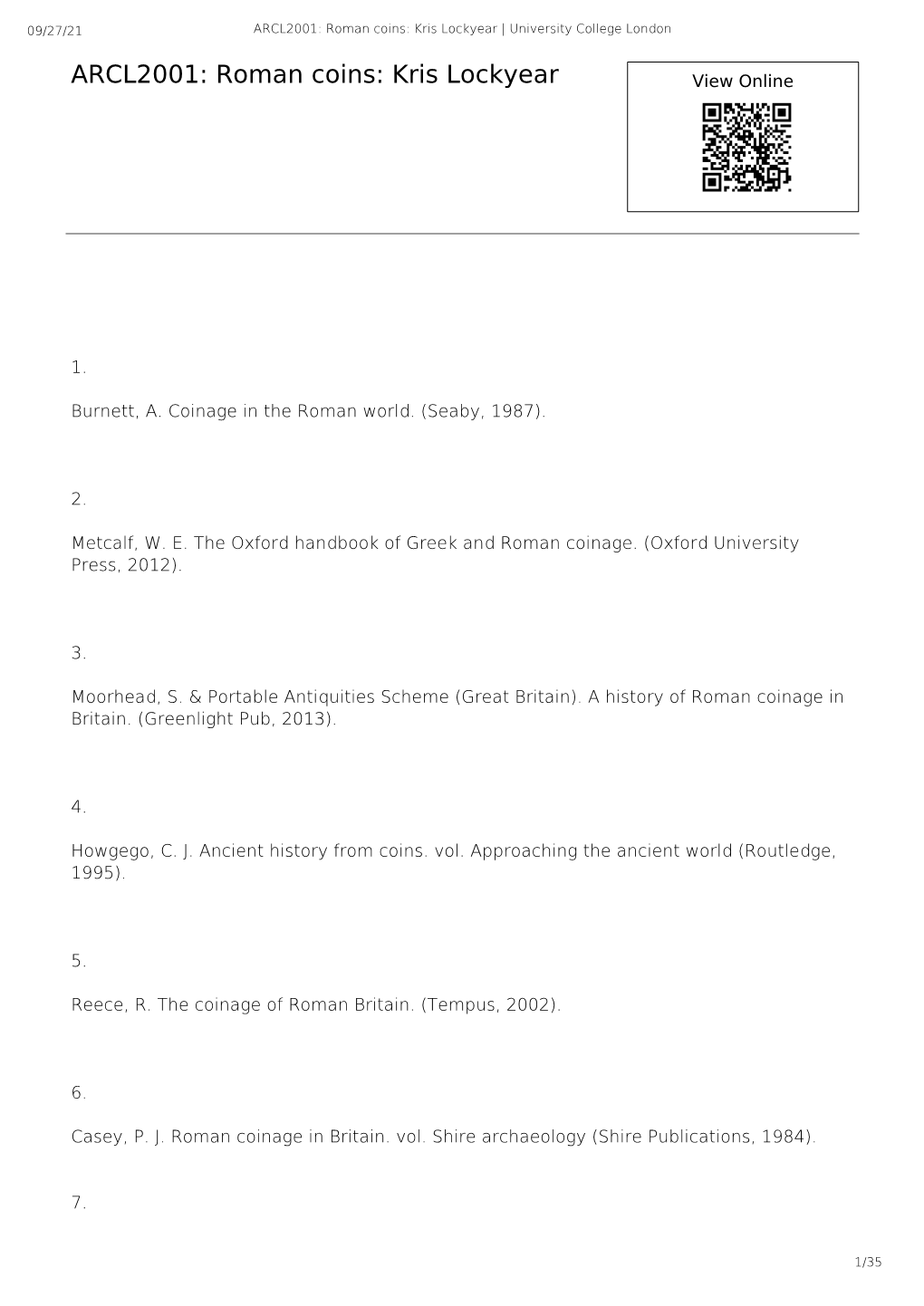 ARCL2001: Roman Coins: Kris Lockyear | University College London