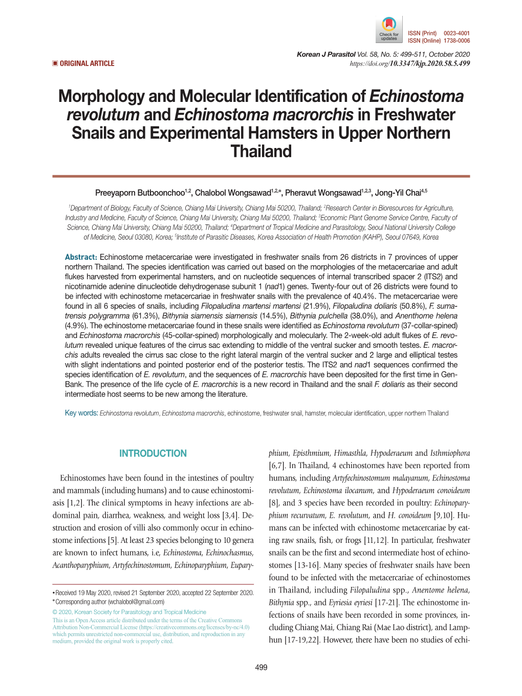 Echinostoma Revolutum and Echinostoma Macrorchis in Freshwater Snails and Experimental Hamsters in Upper Northern Thailand