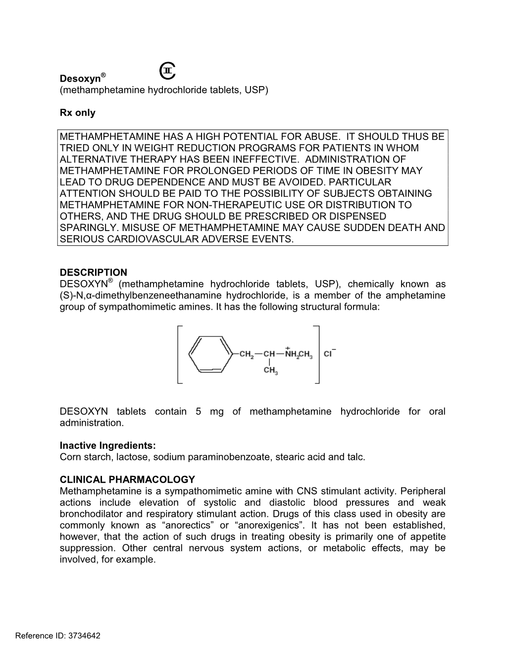 Desoxyn (Methamphetamine Hydrochloride Tablets, USP)
