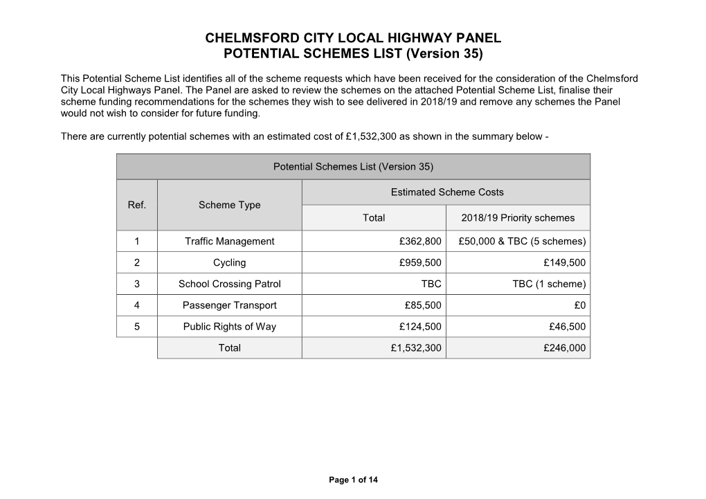 CHELMSFORD CITY LOCAL HIGHWAY PANEL POTENTIAL SCHEMES LIST (Version 35)