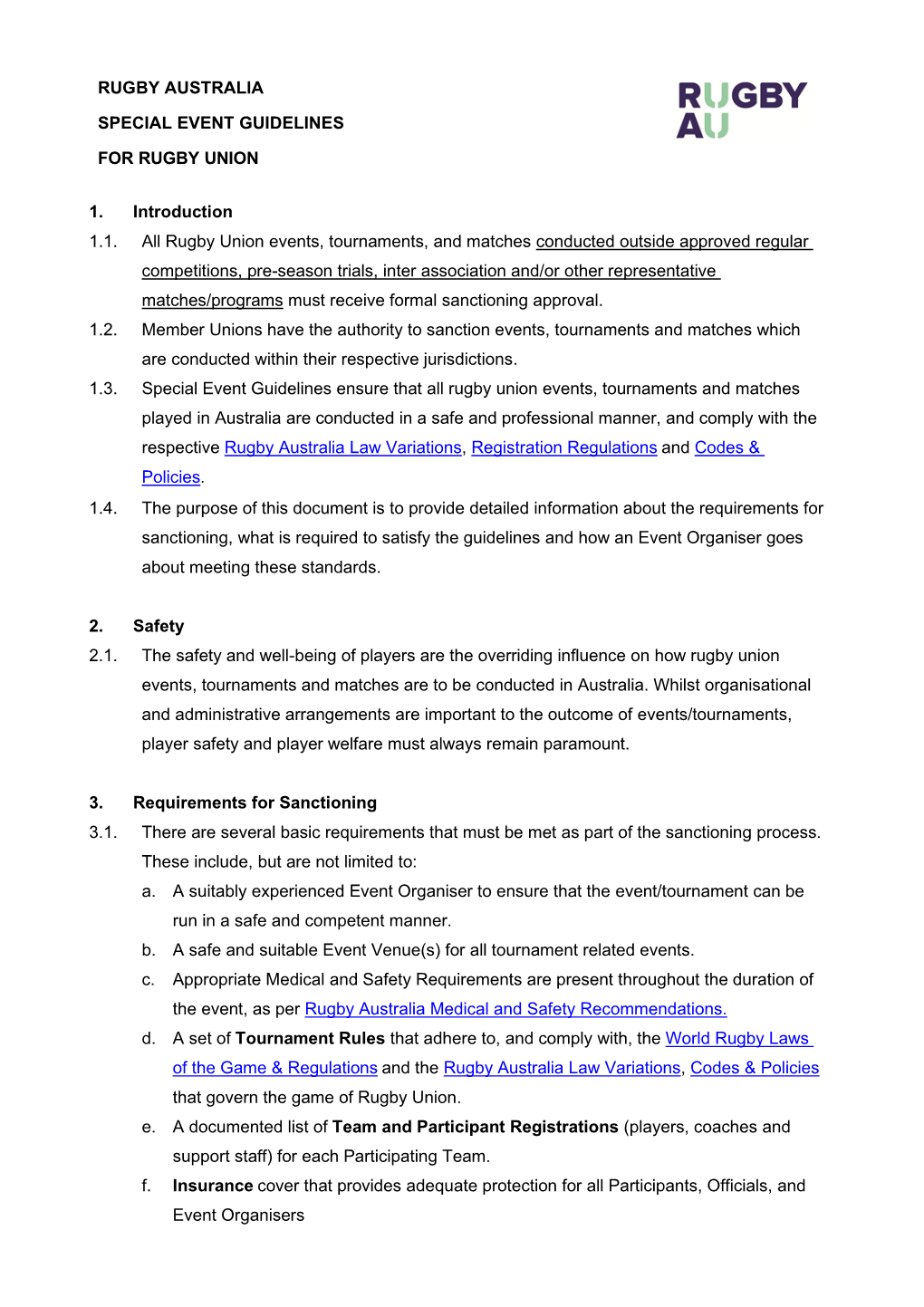 Rugby Australia Special Event Guidelines for Rugby