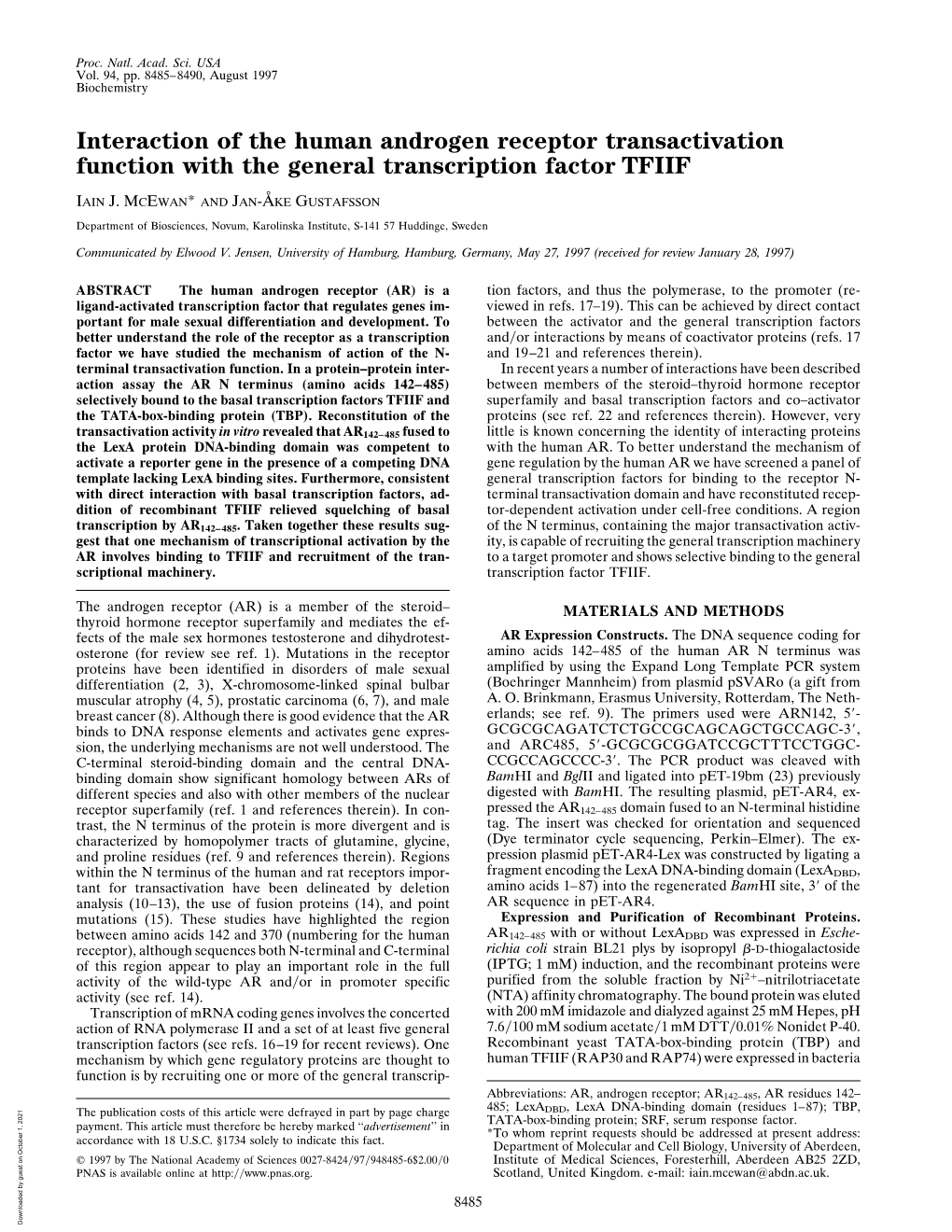 Interaction of the Human Androgen Receptor Transactivation Function with the General Transcription Factor TFIIF