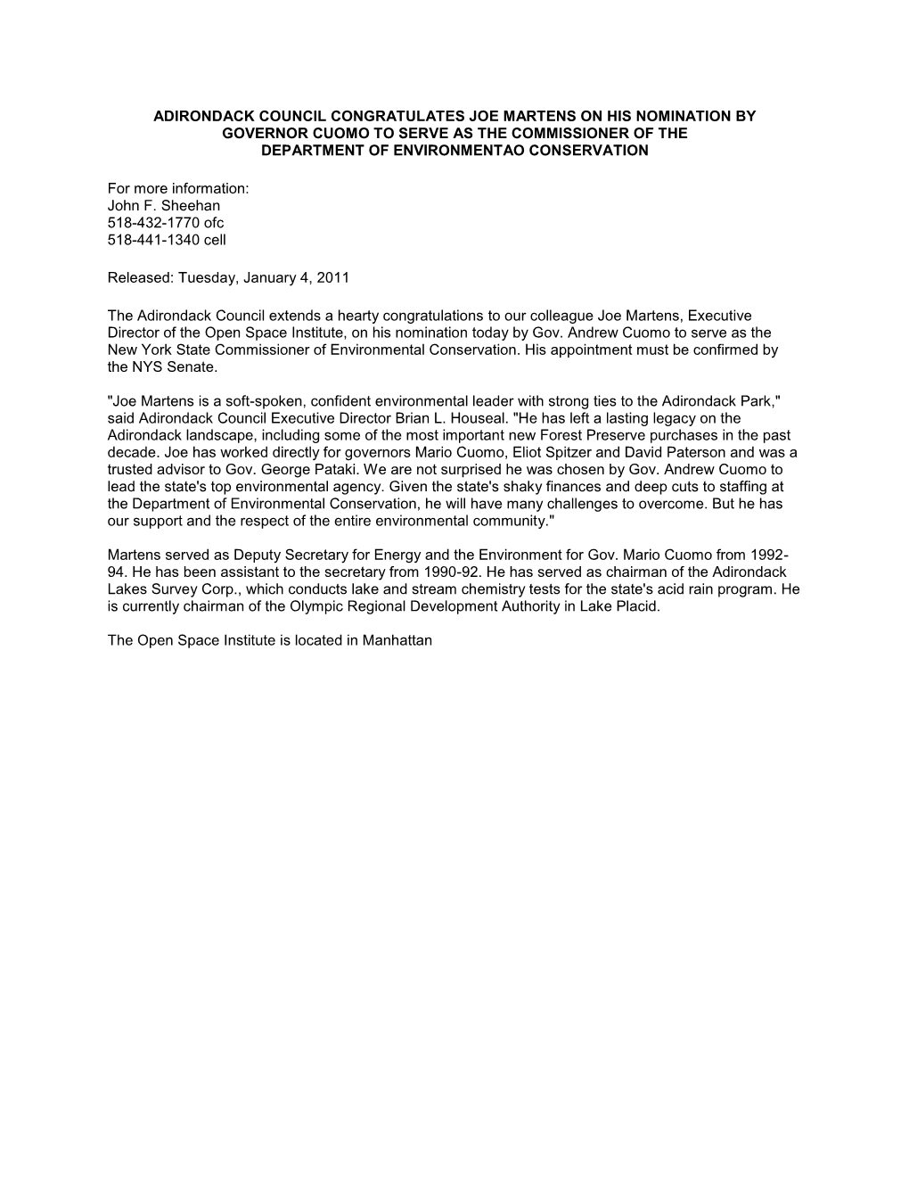 Adirondack Council Congratulates Joe Martens on His Nomination by Governor Cuomo to Serve As the Commissioner of the Department of Environmentao Conservation