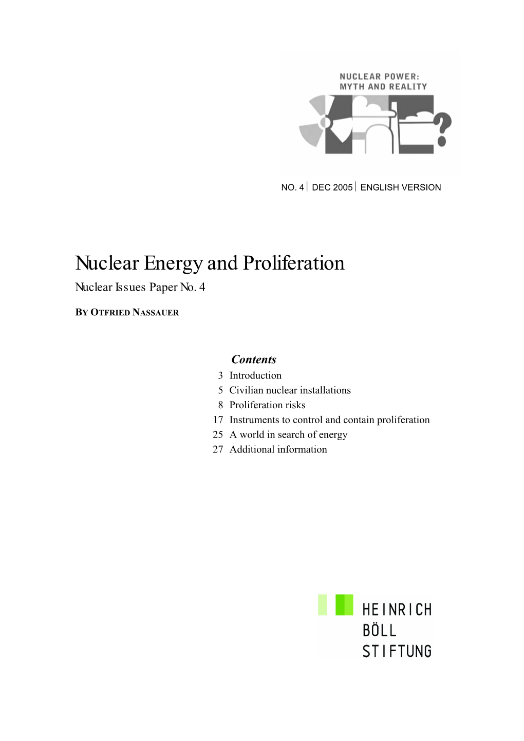 Nuclear Energy and Proliferation Nuclear Issues Paper No