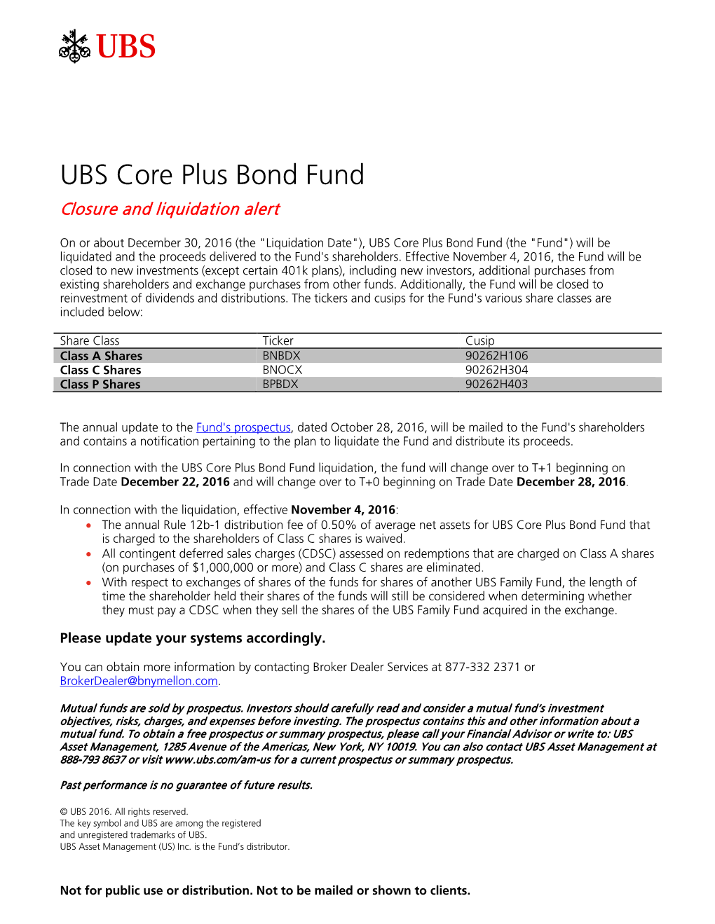 UBS Core Plus Bond Fund Closure and Liquidation Alert
