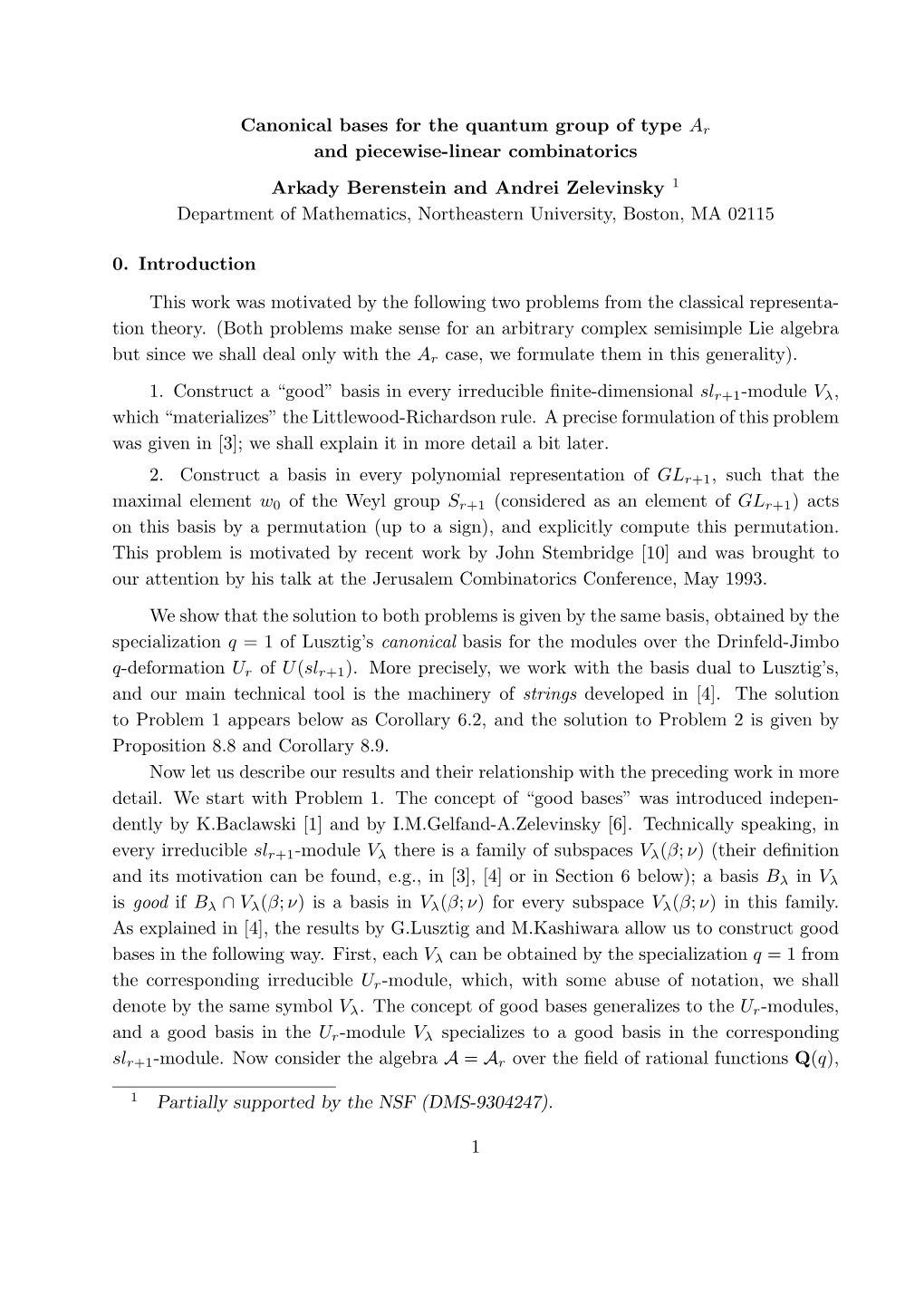 Canonical Bases for the Quantum Group of Type Ar and Piecewise