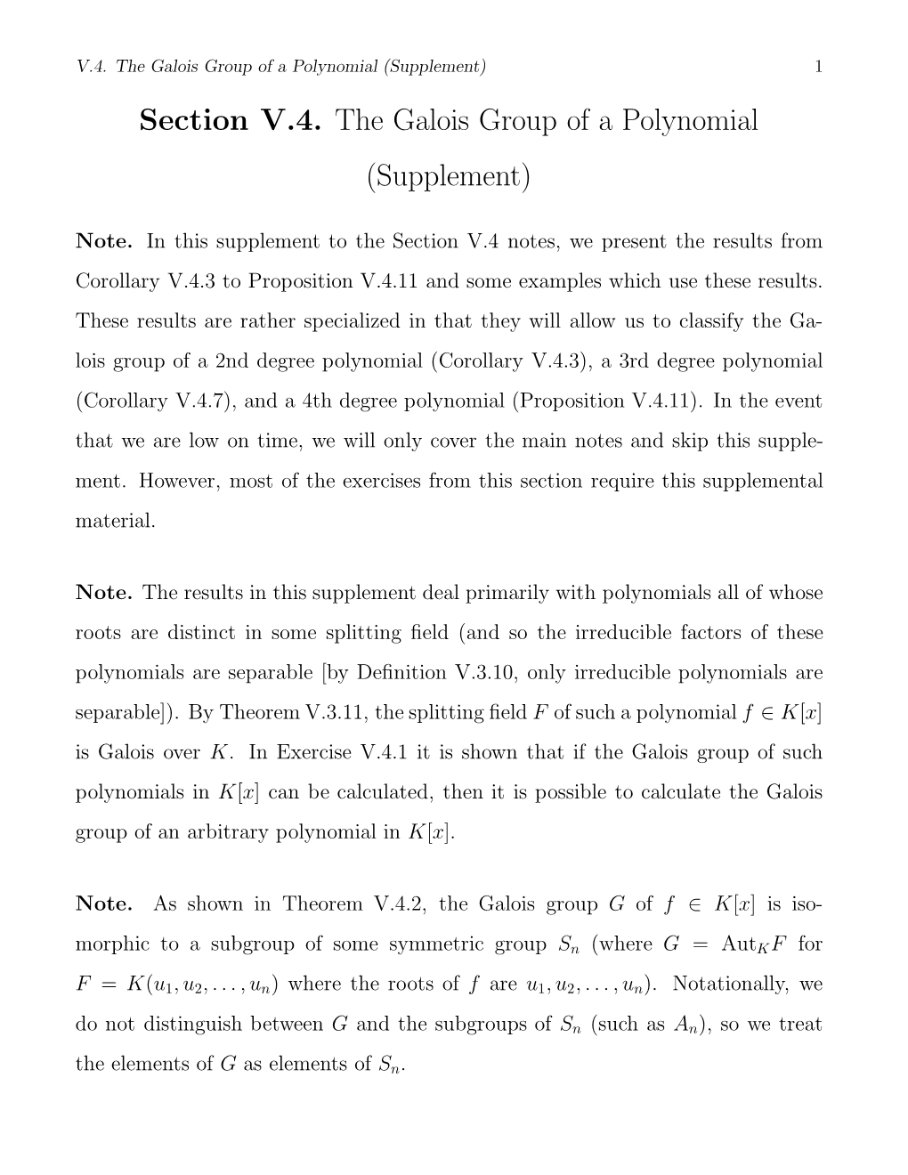 Section V.4. the Galois Group of a Polynomial (Supplement)