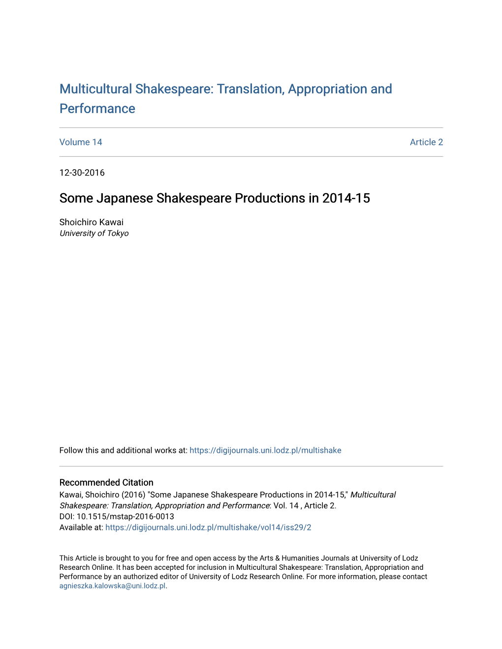Some Japanese Shakespeare Productions in 2014-15