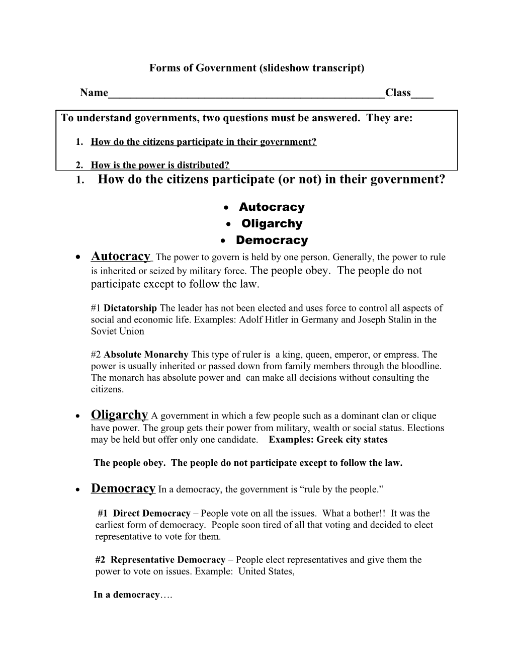 Forms Of Government Slideshow Transcript