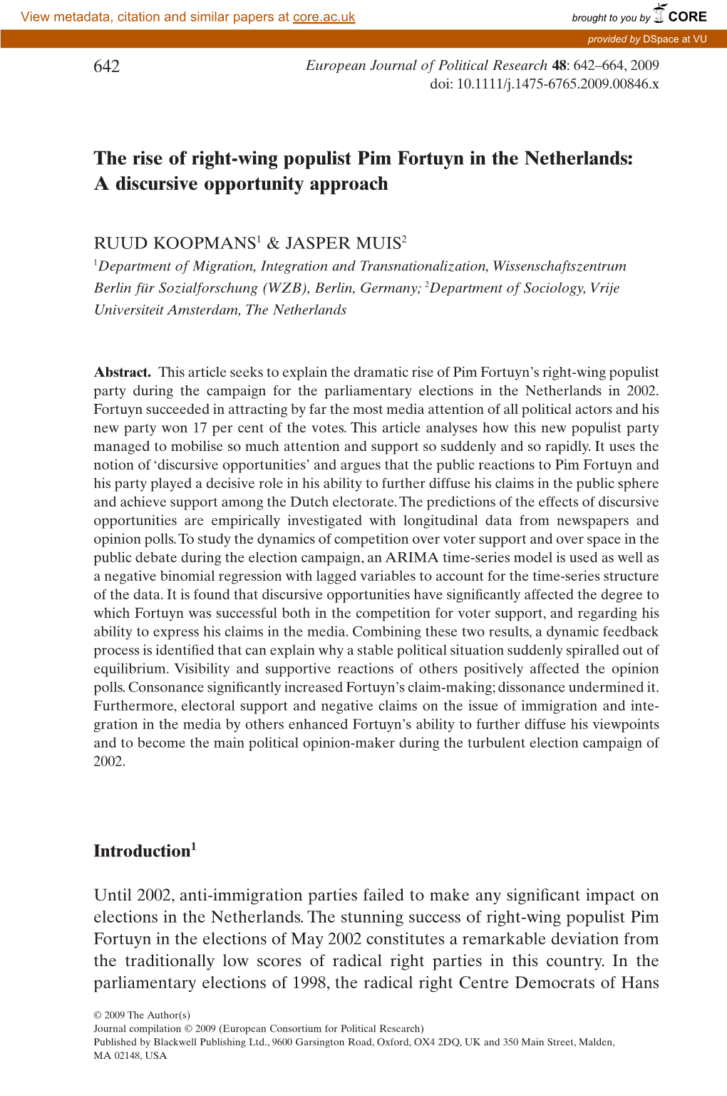 The Rise of Right-Wing Populist Pim Fortuyn in the Netherlands: a Discursive Opportunity Approach