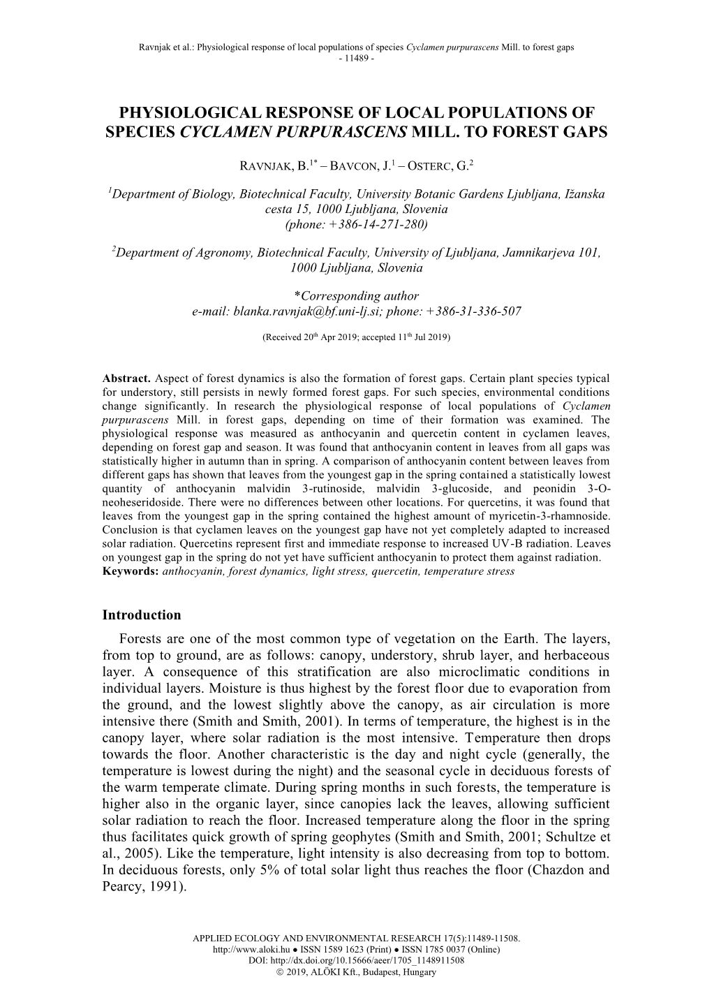 Ravnjak, B. – Bavcon, J. – Osterc, G.: Physiological Response of Local Populations of Species Cyclamen Purpurascens Mill