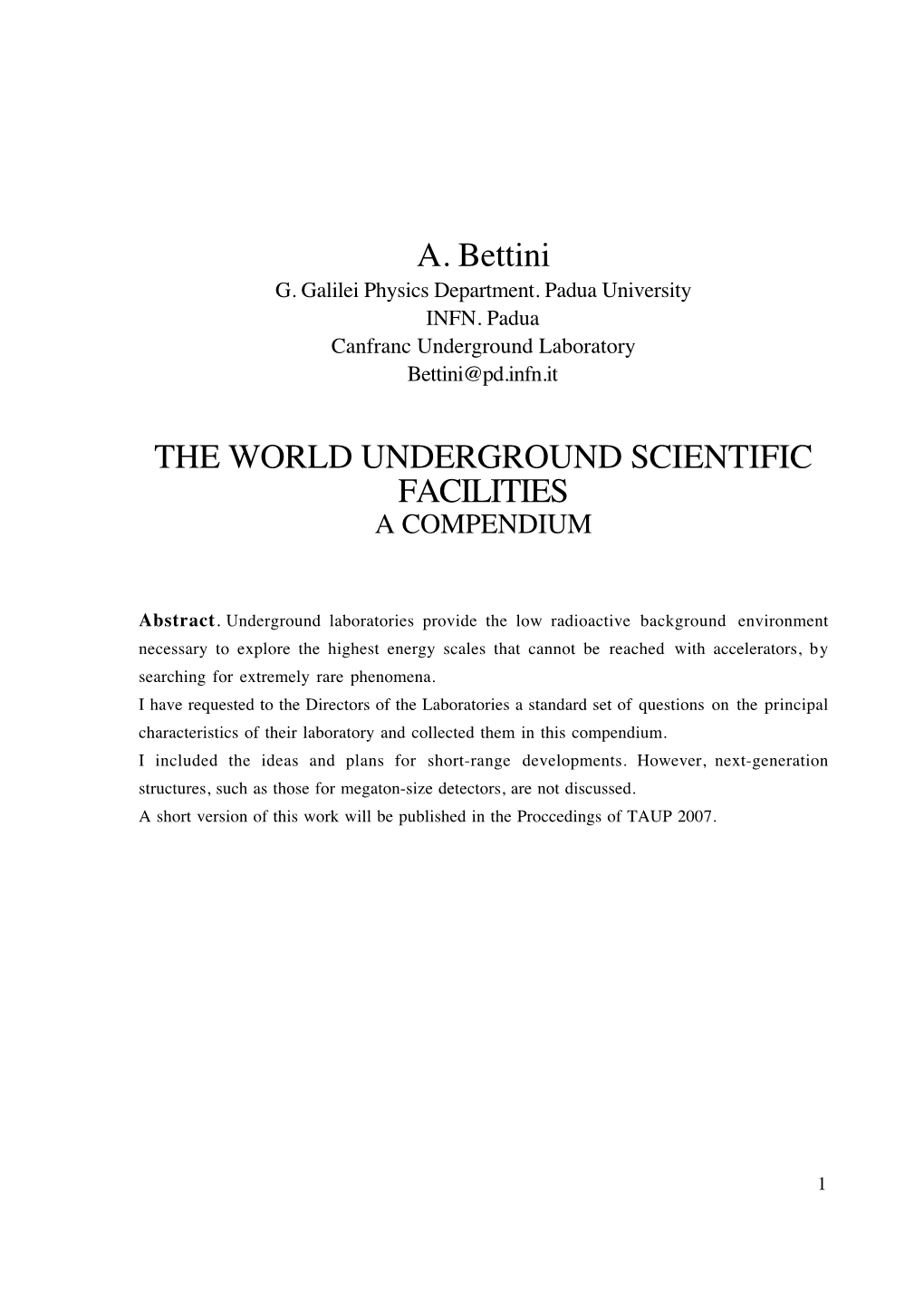 The World Underground Scientific Facilities a Compendium