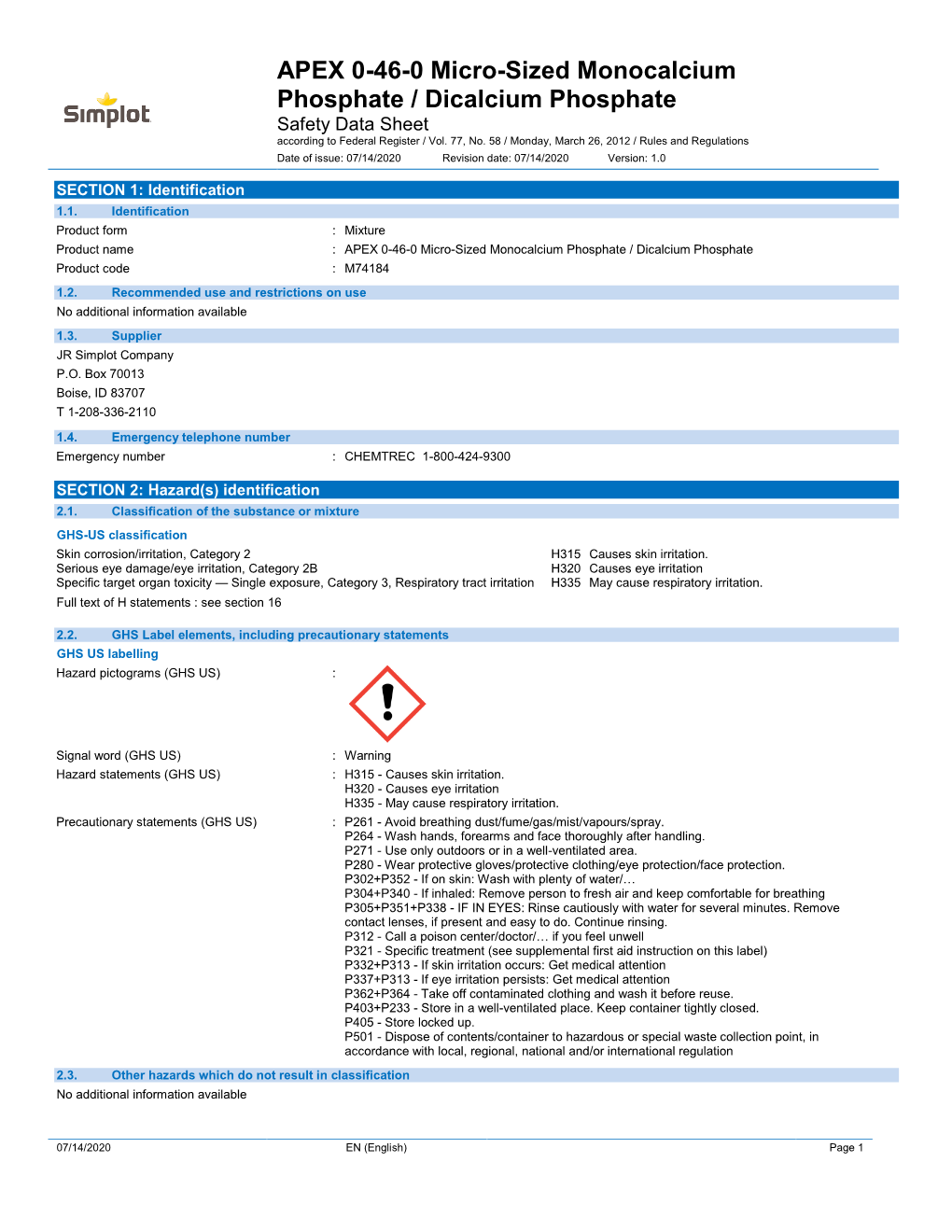 APEX 0-46-0 Micro-Sized Monocalcium Phosphate / Dicalcium Phosphate Safety Data Sheet According to Federal Register / Vol