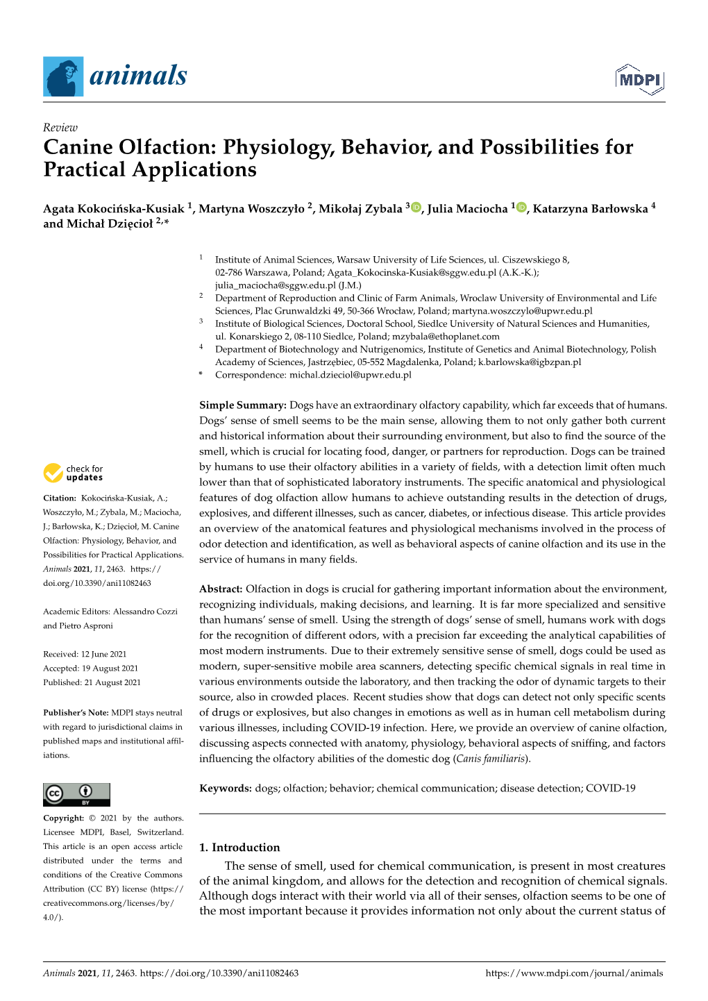 Canine Olfaction: Physiology, Behavior, and Possibilities for Practical Applications